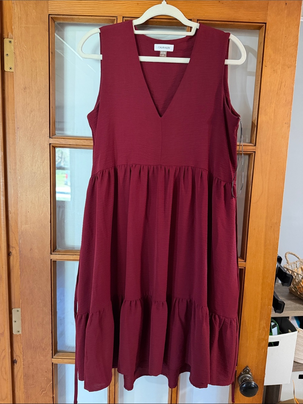 Calvin Klein Burgundy Sleeveless V-Neck Tiered Casual Dress